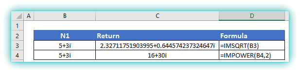 Find power and Squire Root of Complex numbers in Excel