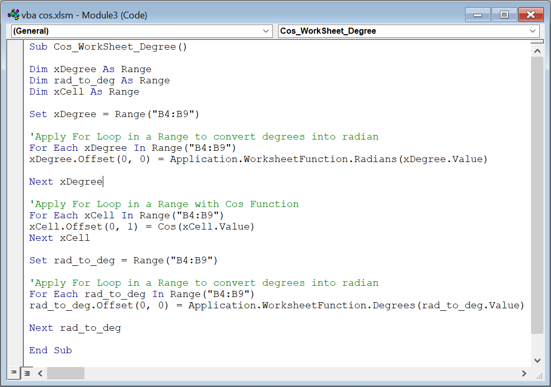 Excel VBA Cos Function for Radians and Degrees (3 Examples) - SOLVED EXCEL