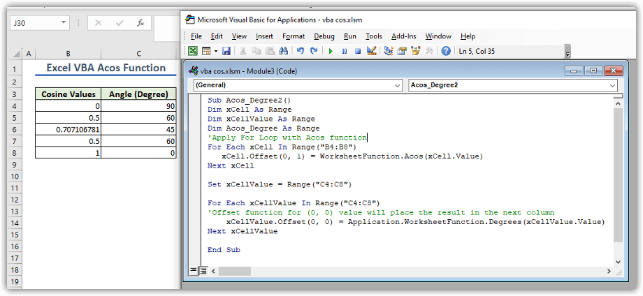 Excel VBA Acos Function to Find Values in Degrees