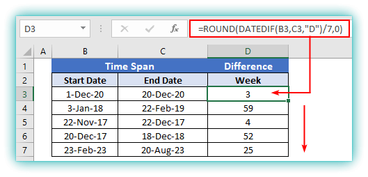datedif function in excel week count