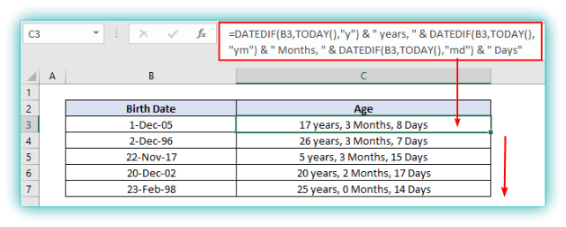 datedif function in excel age calculator