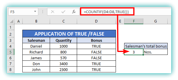use of true and false formula in excel with example