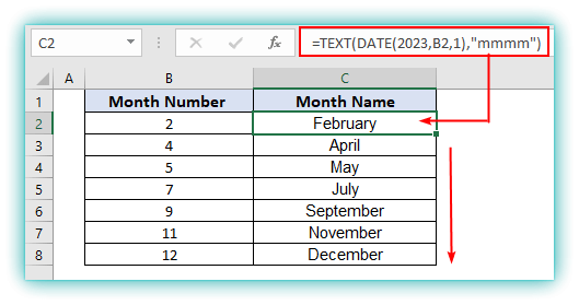 excel month name from number