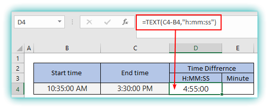 minute function in excel time diff