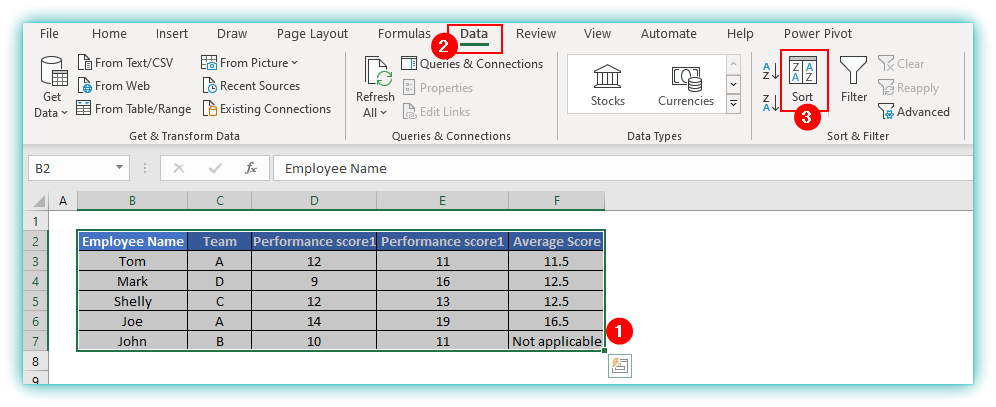 Data sorting or function in excel examples