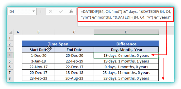 datedif function in excel single formula